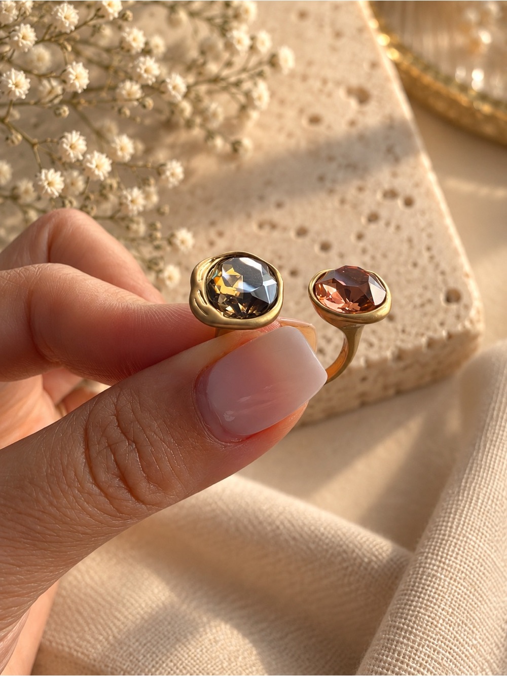 GoldSmoky Gray and Champagne Crystals Ring